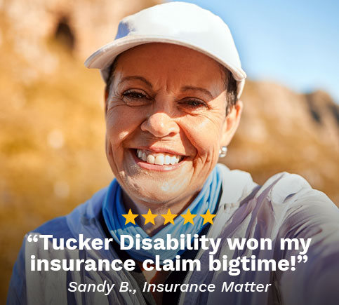 A happy woman provides a five-star testimonial for Tucker Disability Law winning insurance claim bigtime!